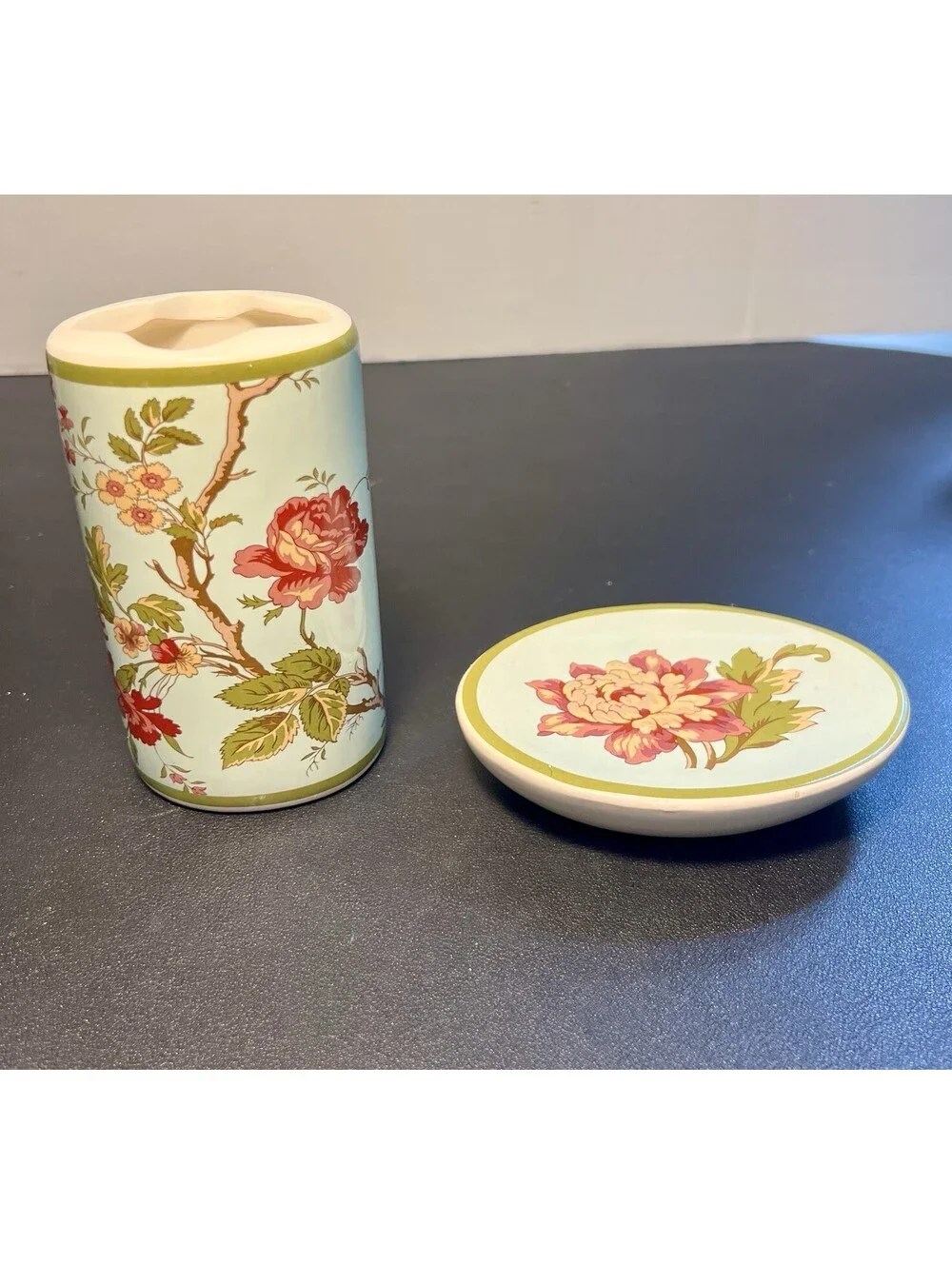 Vintage 1970s Chinoiserie Floral Ceramic Toothbrush Holder & Soap Dish Set
